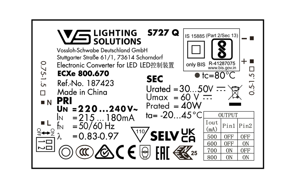 DRIVER LED 500-800mA 40W VOSSLOH