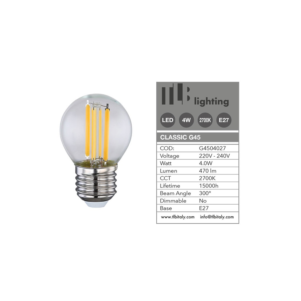 LAMPADA LED SFERA G45 4W 2700K E27 FILAMENTO TLB