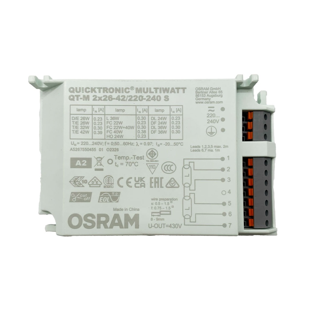 BALLAST ELETTRONICO FLUORESCENTE QT-M 2x24/26/36W 1x42W OSRAM