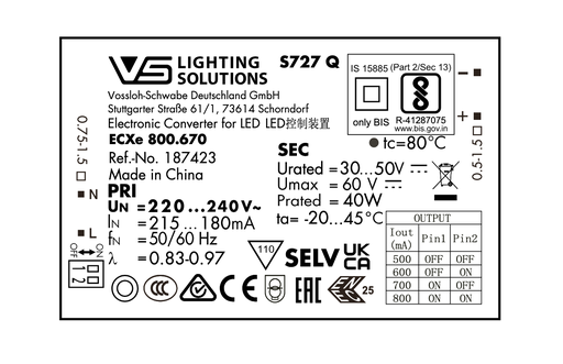 DRIVER LED 500-800mA 40W VOSSLOH
